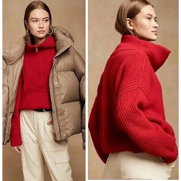 Banana Republic Oversized Half Zip Wool Blend Red Sweater Size Medium - Picture 1 of 9